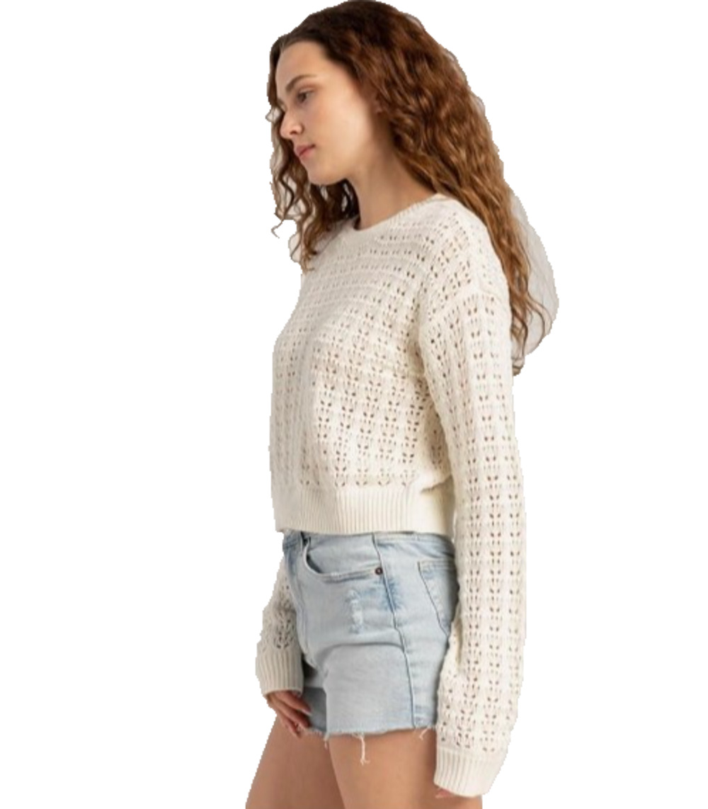 Full Tilt White Open Knit Cropped Cotton Blend Long Sleeve Festival Boho Small